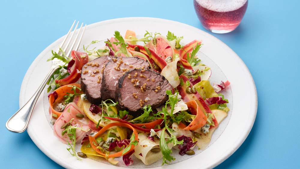 Porcini-rubbed Aussie Grassfed Beef Tenderloin with Rainbow Salad