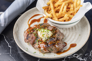 Australian Bavette Steak Frites with Peppercorn Sauce and Shoestring Fries